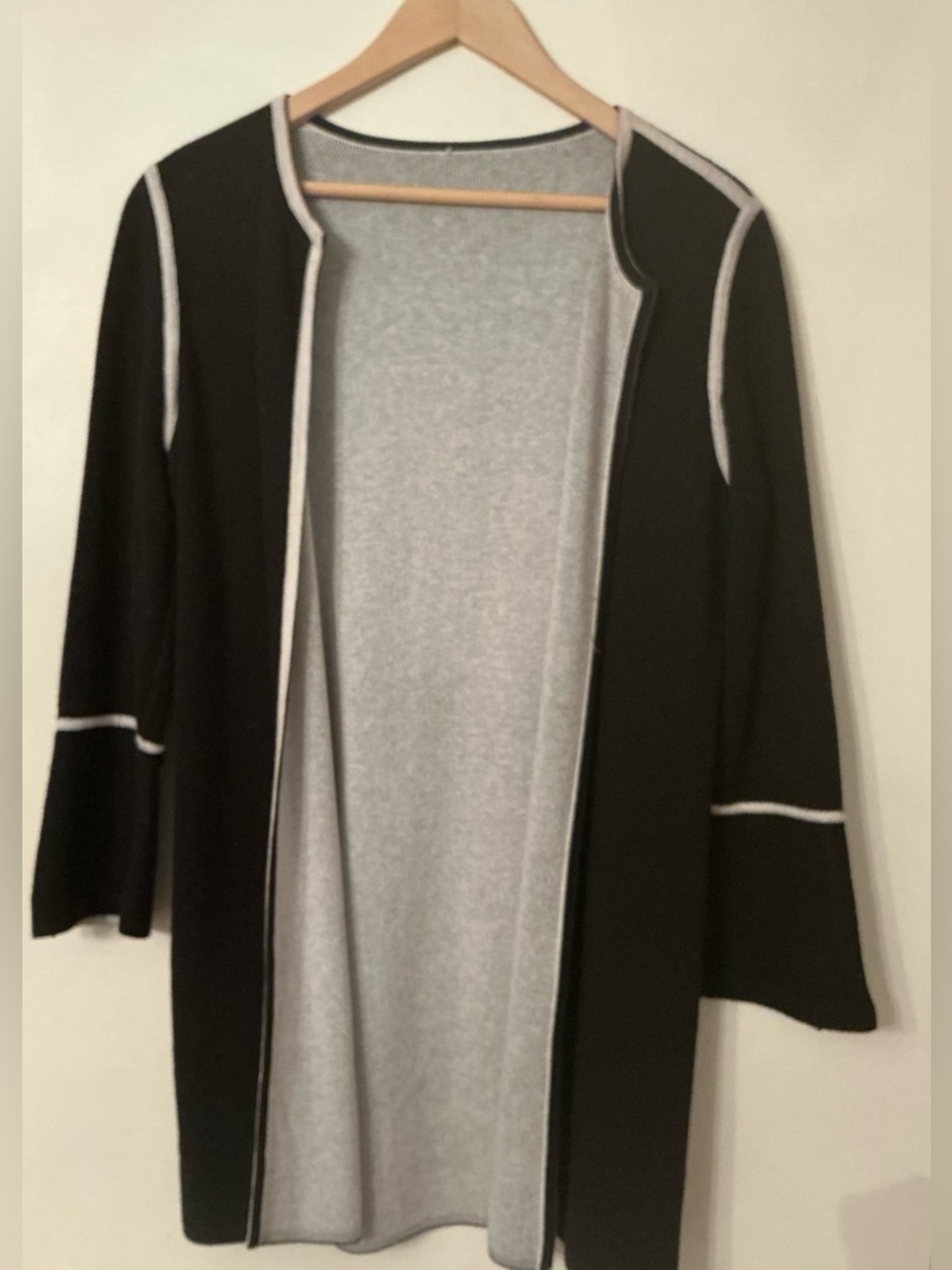 Open-Front Black & Gray Contrast Trim Cardigan Coat
